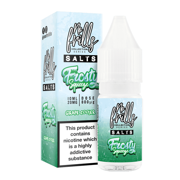 No Frills Frosty Squeeze 10ml Nic Salt E-Liquid 10mg / Grape Cooler On White Background