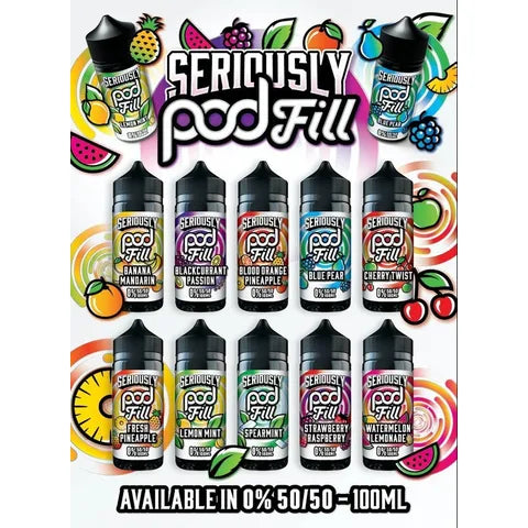 seriously podfill 100ml shortfill all flavours on white background