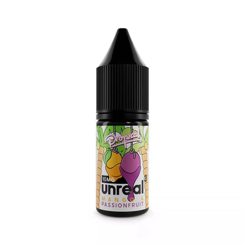 Unreal 3 Propical Nic Salt E-Liquids Mango and Passionfruit / 5mg On White Background