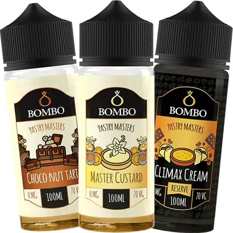 bombo pasty master 100ml bottles all flavours on a clear backgound