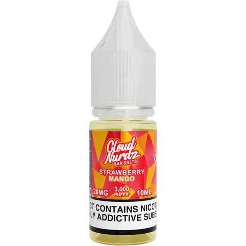 cloud nurdz bar juice 10ml strawberry mango nic salts 20mg bottle on a clear background