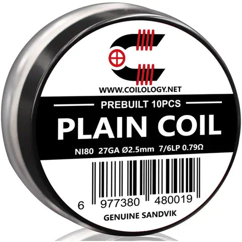 coilology prebuilt 10pcs sandvik coils plain coil 27ga 0.79 ohm ni80 on white background