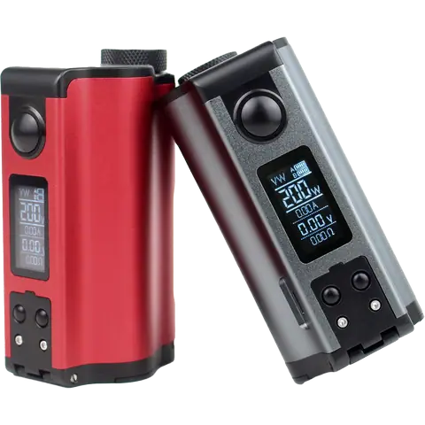 dovpo topside dual squonk mod red and gunmetal screen on clear background