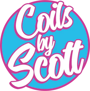 Coils by Scott logo with white text on blue circle and pink outline