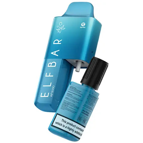 Elf Bar AF5000 Disposable Vape Kit With Bottle Of 10ml Blue Razz Lemonade On White Background