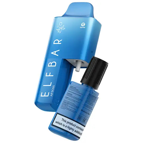 Elf Bar AF5000 Disposable Vape Kit With Bottle Of 10ml Blueberry Ice On White Background