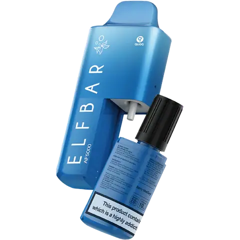 elf bar af5000 disposable vape kit with bottle of 10ml berry medley on white background