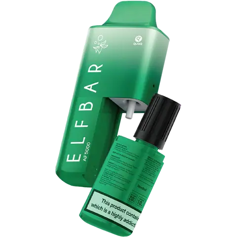 elf bar af5000 disposable vape kit with bottle of 10ml menthol on white background