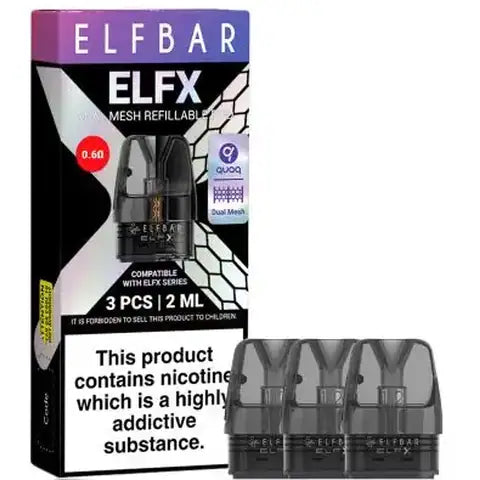 elf bar elfx preplacement pods 0.6 ohm on a white background