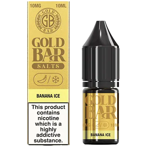 gold bar nic salts bottle and box of banana ice 10mg on a clear background