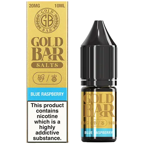 gold bar nic salts bottle and box of blue raspberry 20mg on a clear background