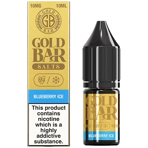 gold bar nic salts bottle and box of blueberry ice 10mg on a clear background