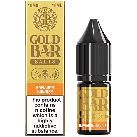 gold bar nic salts bottle and box of Hawaiian sunrise 10mg on a clear background