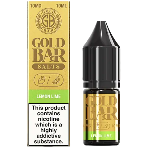 gold bar nic salts bottle and box of lemon lime 10mg on a clear background