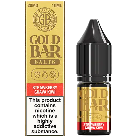 gold bar nic salts bottle and box of strawberry guava kiwi 20mg on a clear background