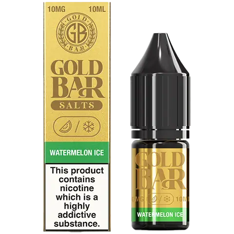 gold bar nic salts bottle and box of watermelon ice 10mg on a clear background