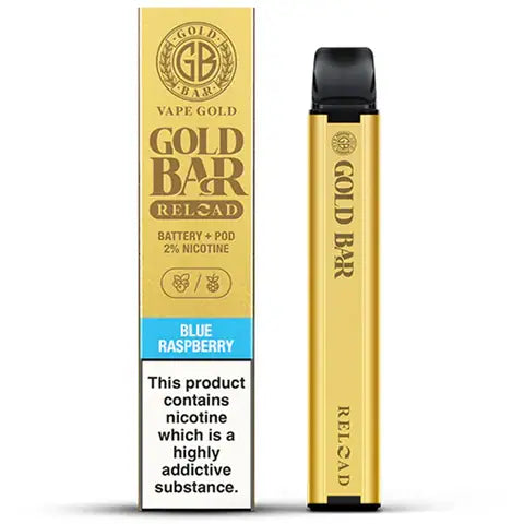 gold bar reloaded refilled blue raspberry device with box on white background