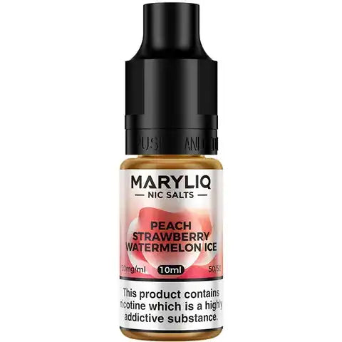 Lost Mary MaryLiq Peach Strawberry Watermelon Nic Salt E-Liquids on white background.