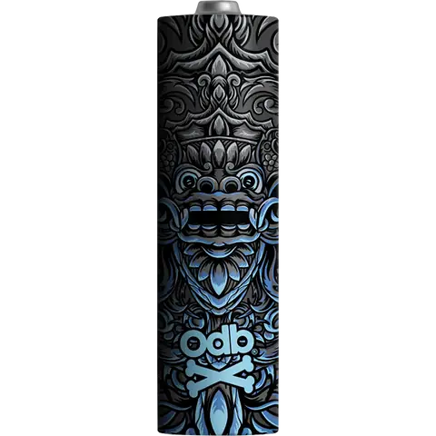 odb wraps barong blue design on an 18650 battery on a clear background