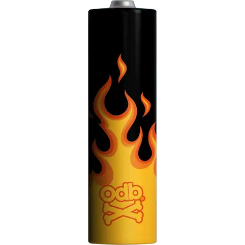 odb wraps fire design on an 18650 battery on a clear background