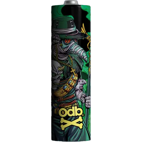 odb wraps green plague design on an 18650 battery on a clear background