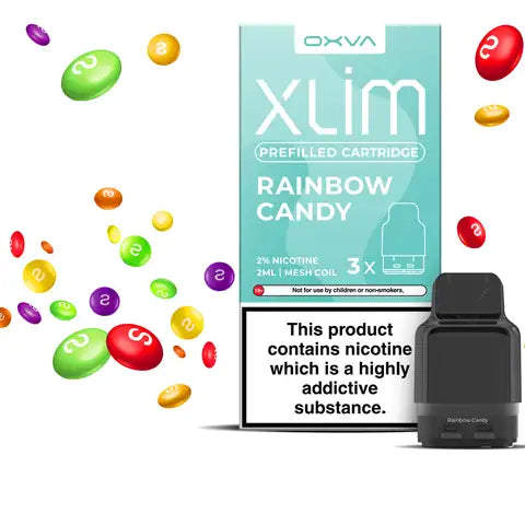 Oxva Xlim Prefilled Rainbow Candy Pod Cartridge on a white background.