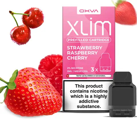 Oxva Xlim Prefilled Strawberry Raspberry Cherry Pod Cartridge on a white background.