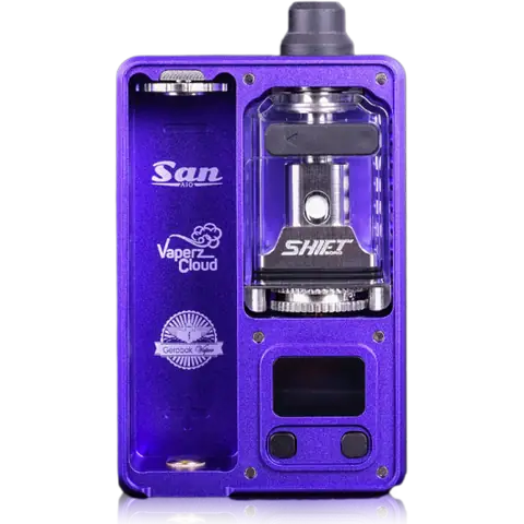 San Aio Boro Aio Kit Purple with back panel off to see the inside with the shift tank on clear background