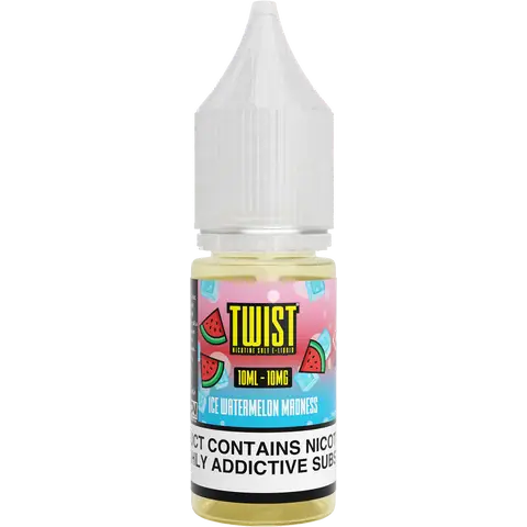 twist 10ml ice watermelon madness nic salts 10mg bottle on a clear background
