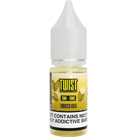 twist 10ml tobacco gold nic salts 10mg bottle on a clear background