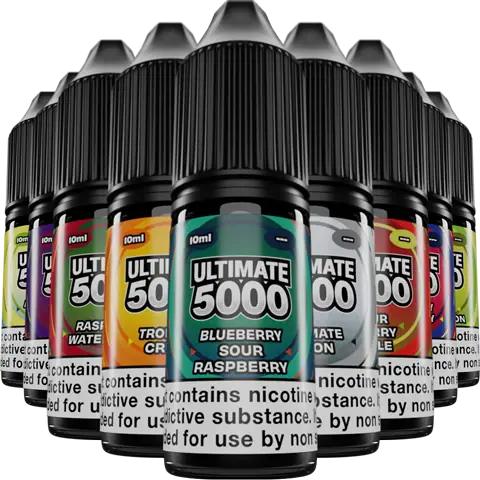 Ultimate 5000 Nic Salts 10ml Bottles On A Clear Background