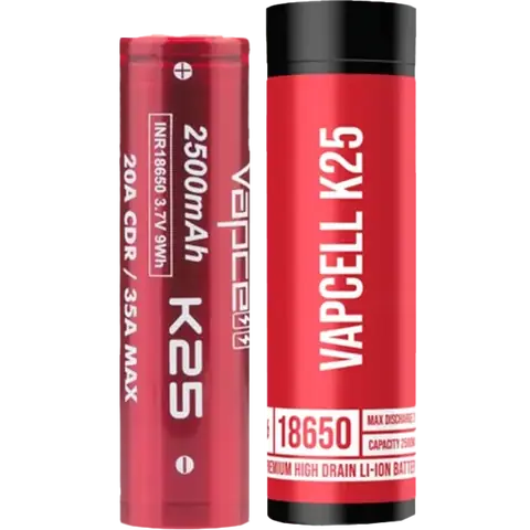 vapcell 18650 k25 battery on clear background with the packaging tube#