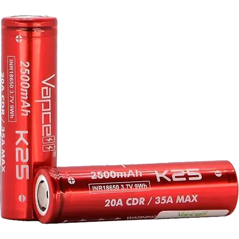 2 vapcell 18650 k25 battery on clear background