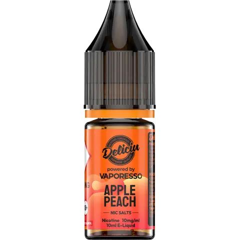 Apple Peach 10mg - A 10mg bottle of Vaporesso Deliciu V2 Nic Salt in Apple Peach flavour, displayed on a clear background.