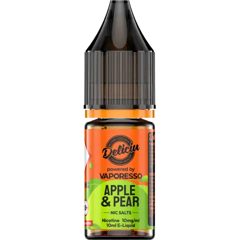 Apple & Pear 10mg - A 10mg bottle of Vaporesso Deliciu V2 Nic Salt in Apple & Pear flavour, displayed on a clear background.