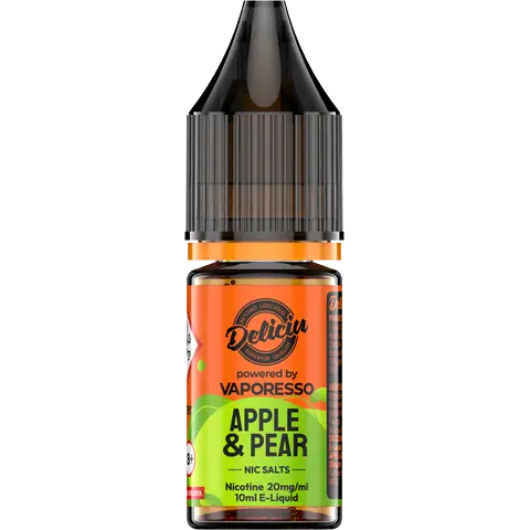 Apple Peach 20mg - A 20mg bottle of Vaporesso Deliciu V2 Nic Salt in Apple Peach flavour, displayed on a clear background.