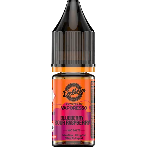 Blueberry Sour Raspberry 10mg - A 10mg bottle of Vaporesso Deliciu V2 Nic Salt in Blueberry Sour Raspberry flavour, displayed on a clear background.