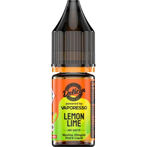 Lemon Lime 20mg - A 20mg bottle of Vaporesso Deliciu V2 Nic Salt in Lemon Lime flavour, displayed on a clear background.