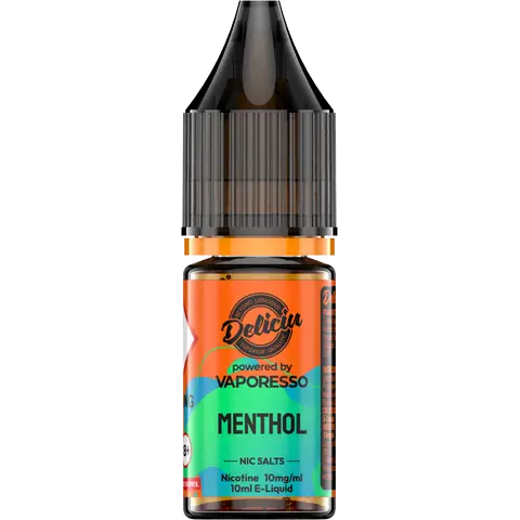 Menthol 10mg - A 10mg bottle of Vaporesso Deliciu V2 Nic Salt in Menthol flavour, displayed on a clear background.