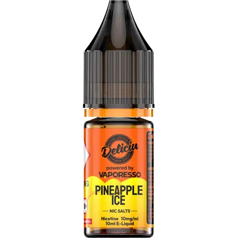 Pineapple Ice 10mg - A 10mg bottle of Vaporesso Deliciu V2 Nic Salt in Pineapple Ice flavour, displayed on a clear background.