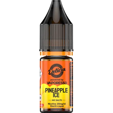 Pineapple Ice 20mg - A 20mg bottle of Vaporesso Deliciu V2 Nic Salt in Pineapple Ice flavour, displayed on a clear background.