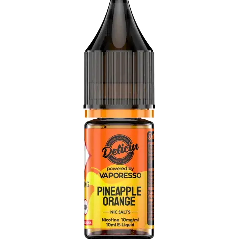 Pineapple Orange 10mg - A 10mg bottle of Vaporesso Deliciu V2 Nic Salt in Pineapple Orange flavour, displayed on a clear background.