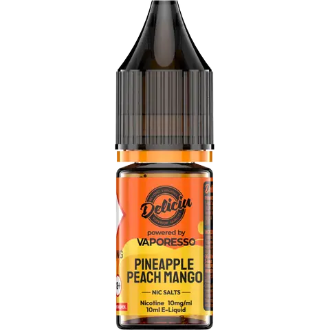 Pineapple Peach Mango 10mg - A 10mg bottle of Vaporesso Deliciu V2 Nic Salt in Pineapple Peach Mango flavour, displayed on a clear background.