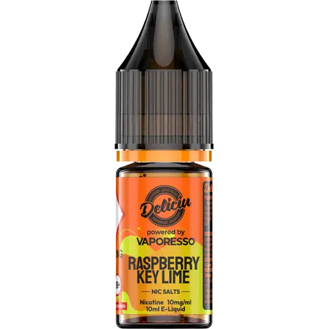 Raspberry Keylime 10mg - A 10mg bottle of Vaporesso Deliciu V2 Nic Salt in Raspberry Keylime flavour, displayed on a clear background.