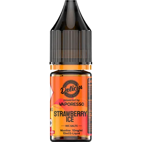 Strawberry Ice 10mg - A 10mg bottle of Vaporesso Deliciu V2 Nic Salt in Strawberry Ice flavour, displayed on a clear background.