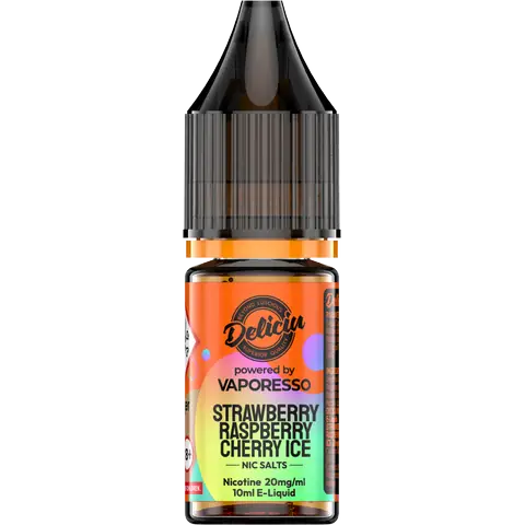 Strawberry Raspberry Cherry Ice 20mg - A 20mg bottle of Vaporesso Deliciu V2 Nic Salt in Strawberry Raspberry Cherry Ice flavour, displayed on a clear background.