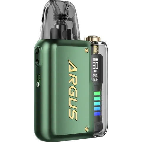 voopoo argus p2 emerald green vape pod on clear background
