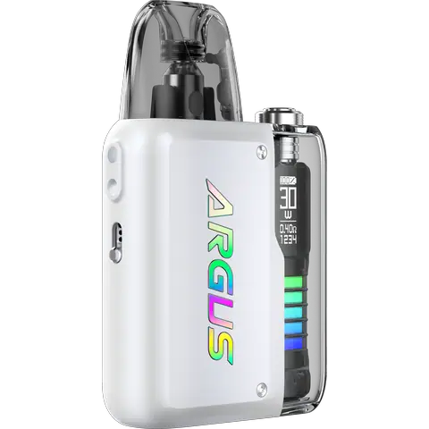voopoo argus p2 pearl white vape pod on clear background