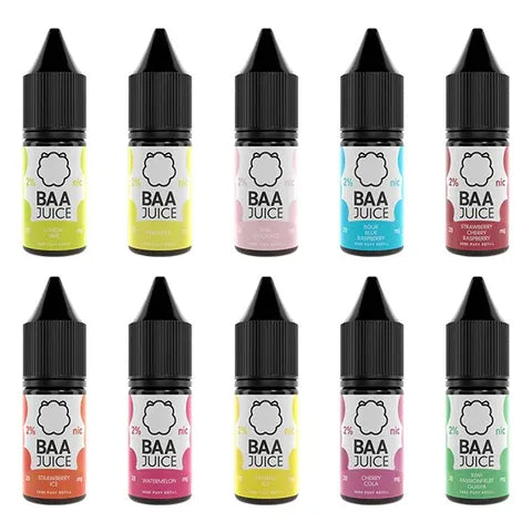 baa juice bar salts 10ml all flavours on white background