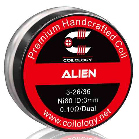 Coilology Hand Crafted Coils Alien 3-26/36 Ni80 0.10Ω Dual 3mm ID On White Background